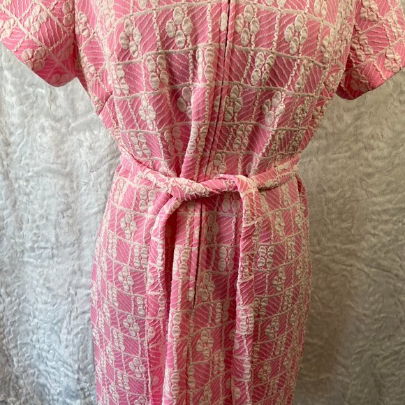 Vintage 60’s Retro Pink & White Floral Circle Pattern Abstract Belted Midi Dress - Picture 2 of 7